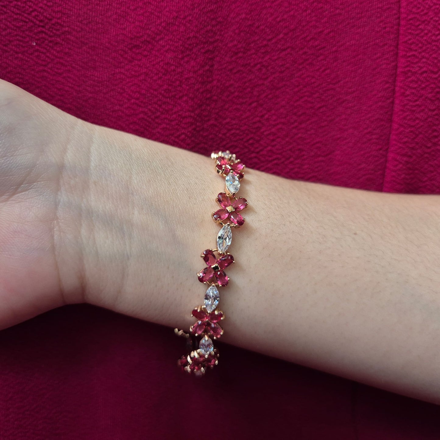 Zircon Diamond with Pink Crystal Flower Bracelet